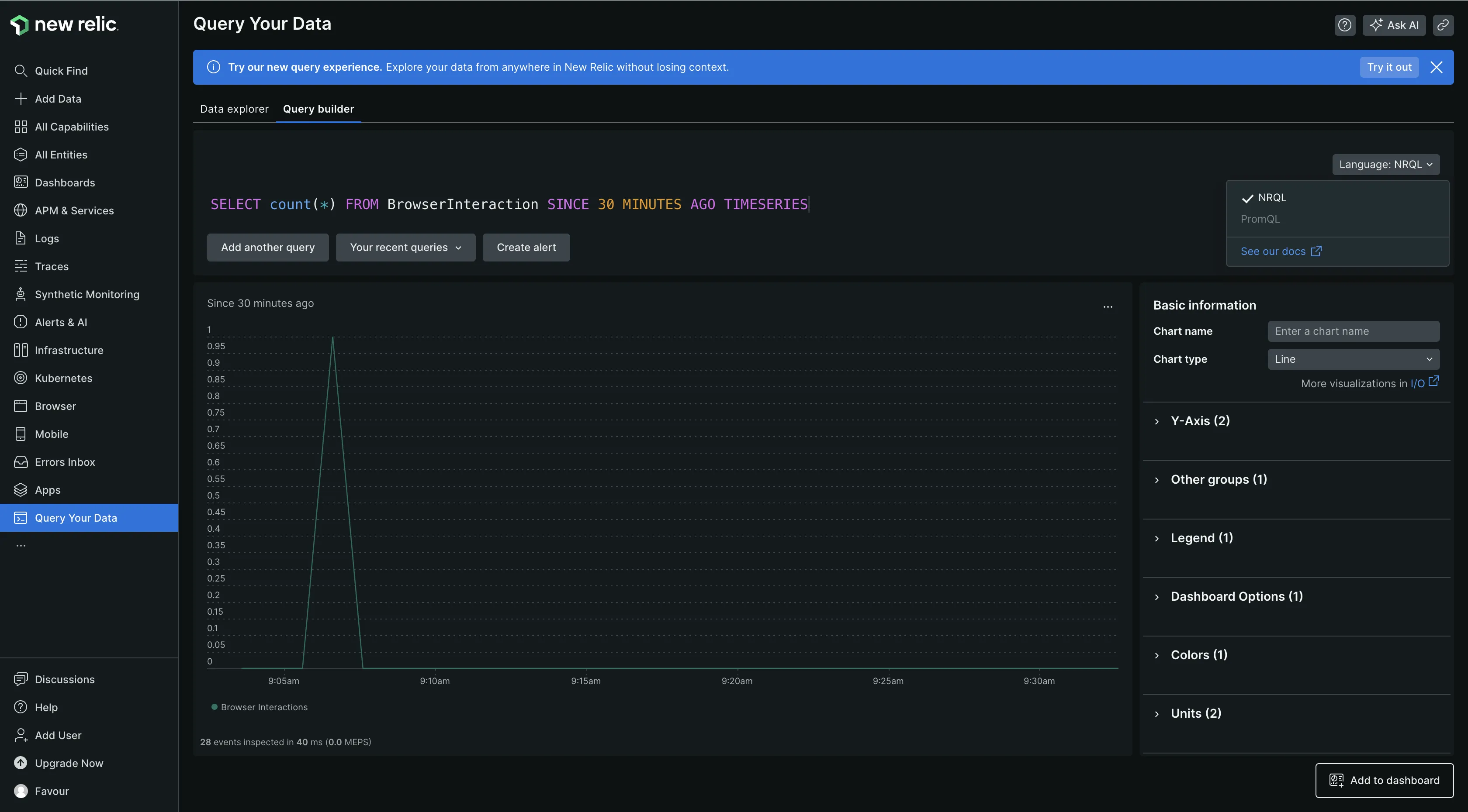 New Relic’s query builder tab