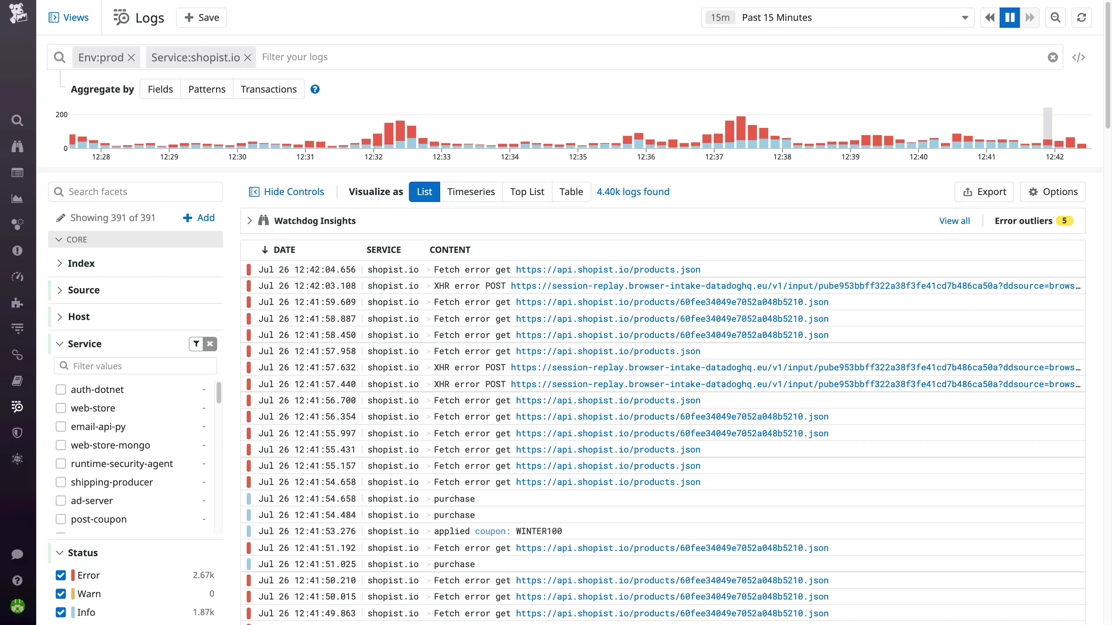 Datadog Logs Dashboard (Source: Datadog)