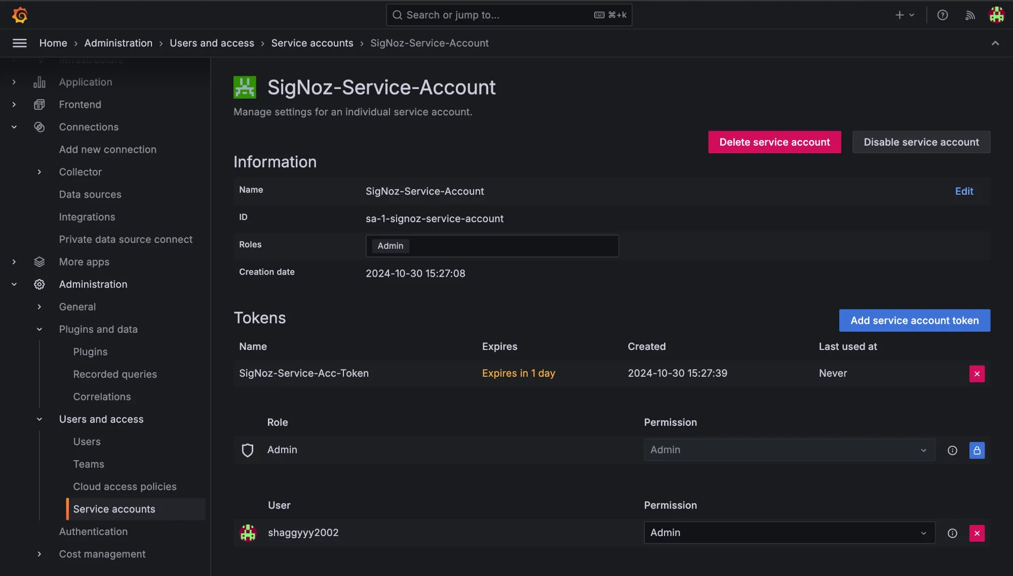 Grafana’s Service Account Page